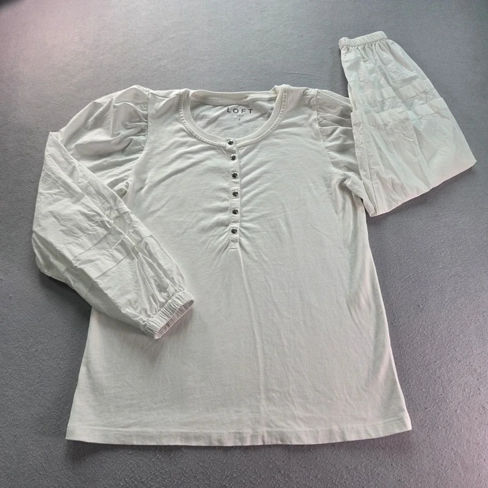 LOFT White Cotton Henley Top Puff Sleeve Mixed Media Ribbed Knit Small